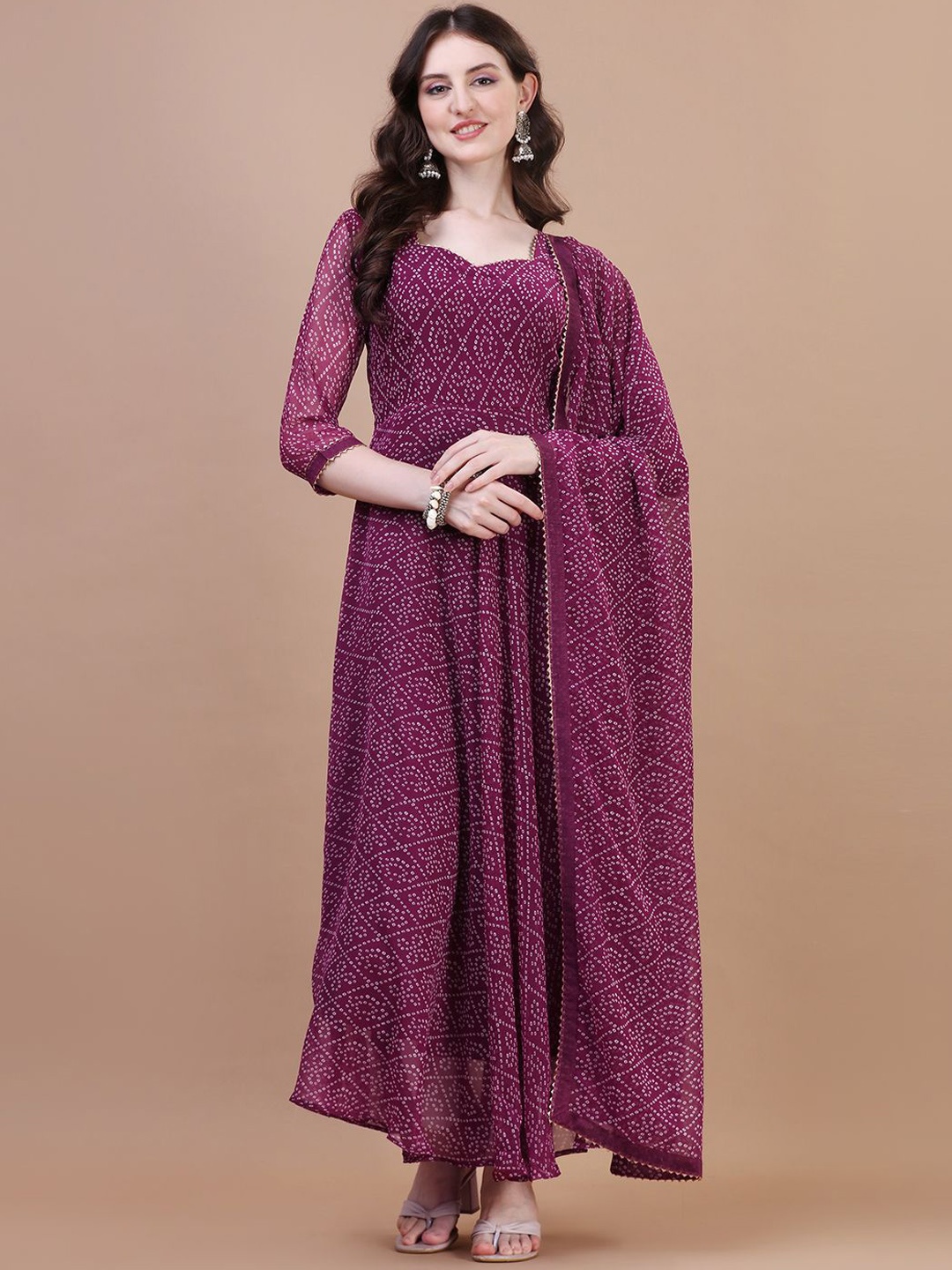 

PMD Fashion Women Bandhani Printed Gotta Patti Silk Georgette Anarkali Kurta With Dupatta, Purple