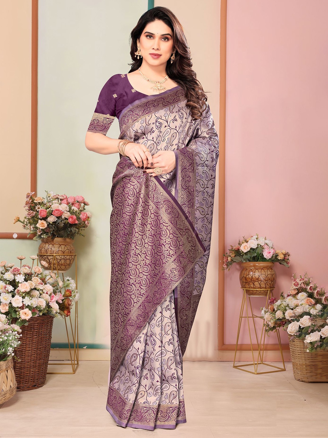 

Om Shantam Sarees Woven Design Kanjeevaram Saree, Lavender