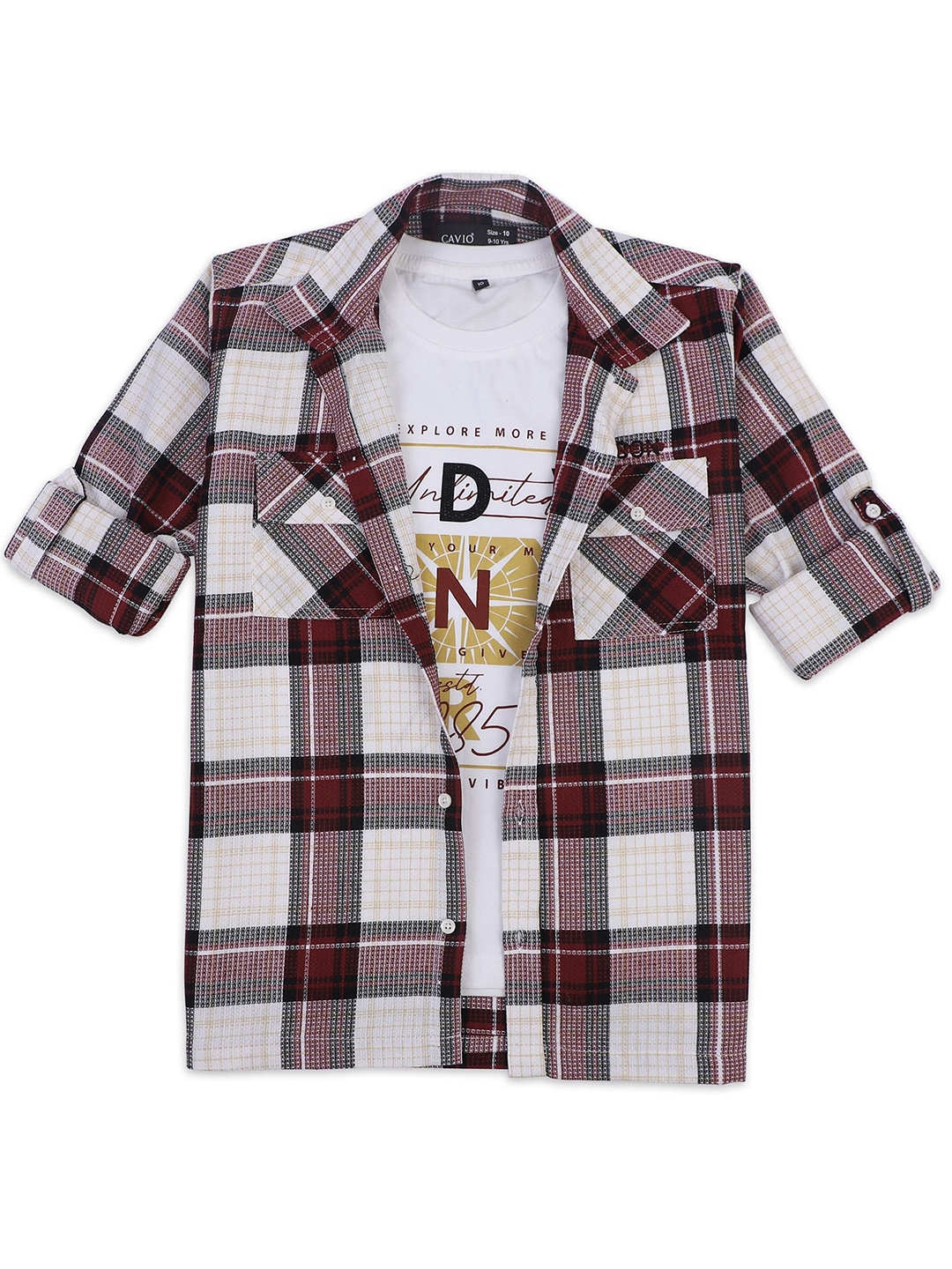 

CAVIO Boys Collar Tartan Checked Cotton Casual Shirt & T-Shirt, White