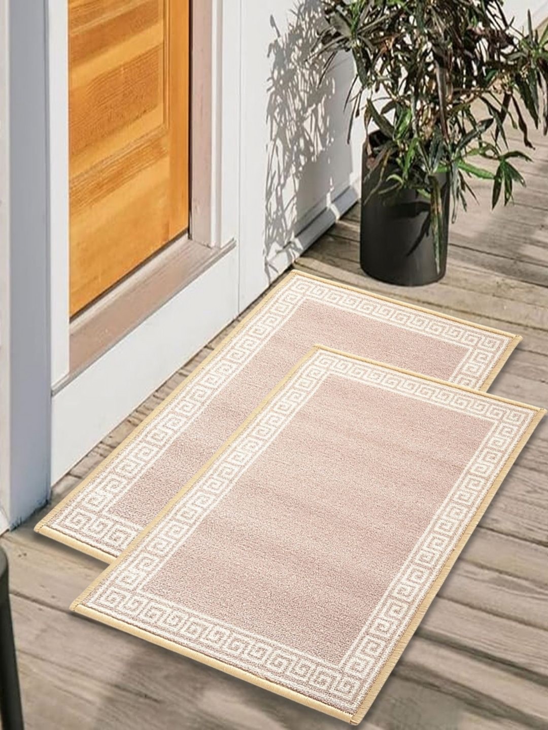 

Matz and More Beige & White 2 Pieces Geometric Printed Rectangle Anti-Skid Doormats