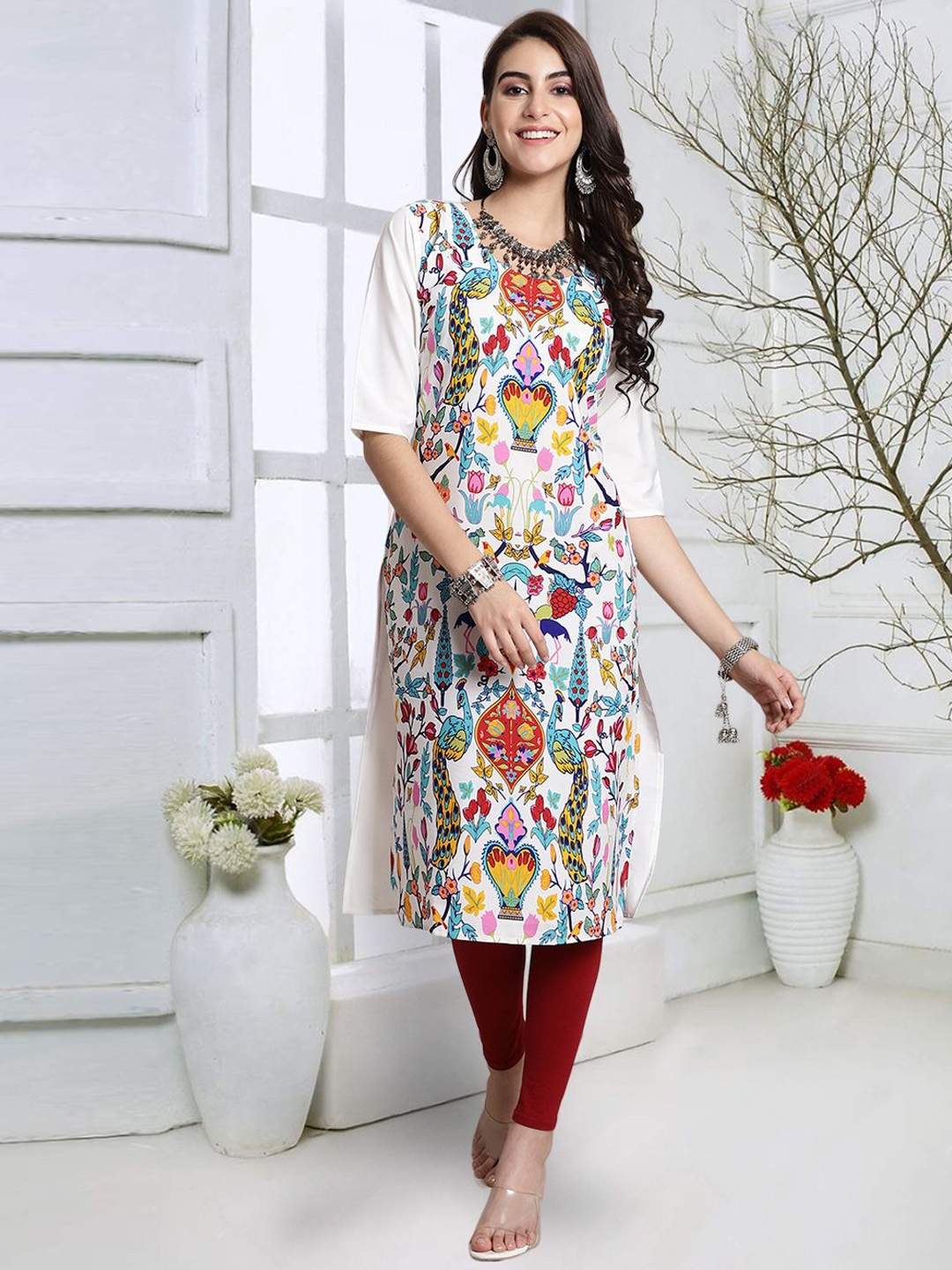 

7Threads Floral Printed Round Neck Straight Kurta, White