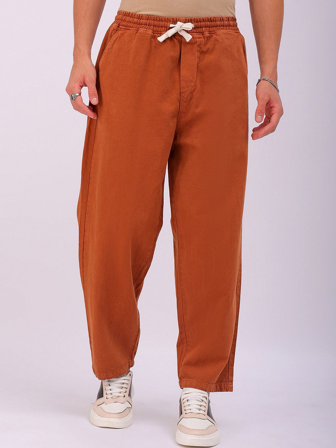 

The Indian Garage Co Men Baggy Fit Cotton Elasticated Waist Jeans, Orange