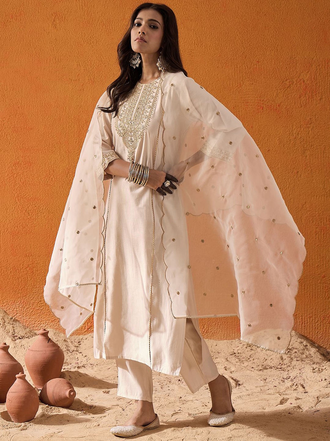 

Indo Era Ethnic Motifs Embroidered Straight Zari Liva Kurta with Trousers & Dupatta, Off white