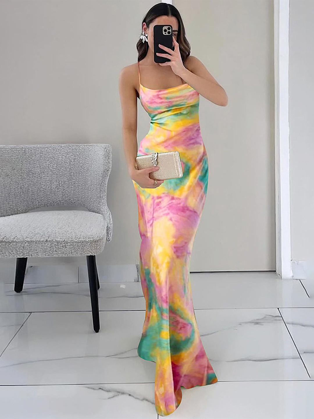 

LULU & SKY Backless Print Maxi Fishtail Dress, Yellow