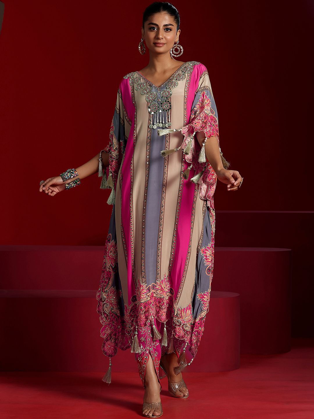 

Libas Art Striped Mirror Work Kurta with Dhoti Pants, Pink