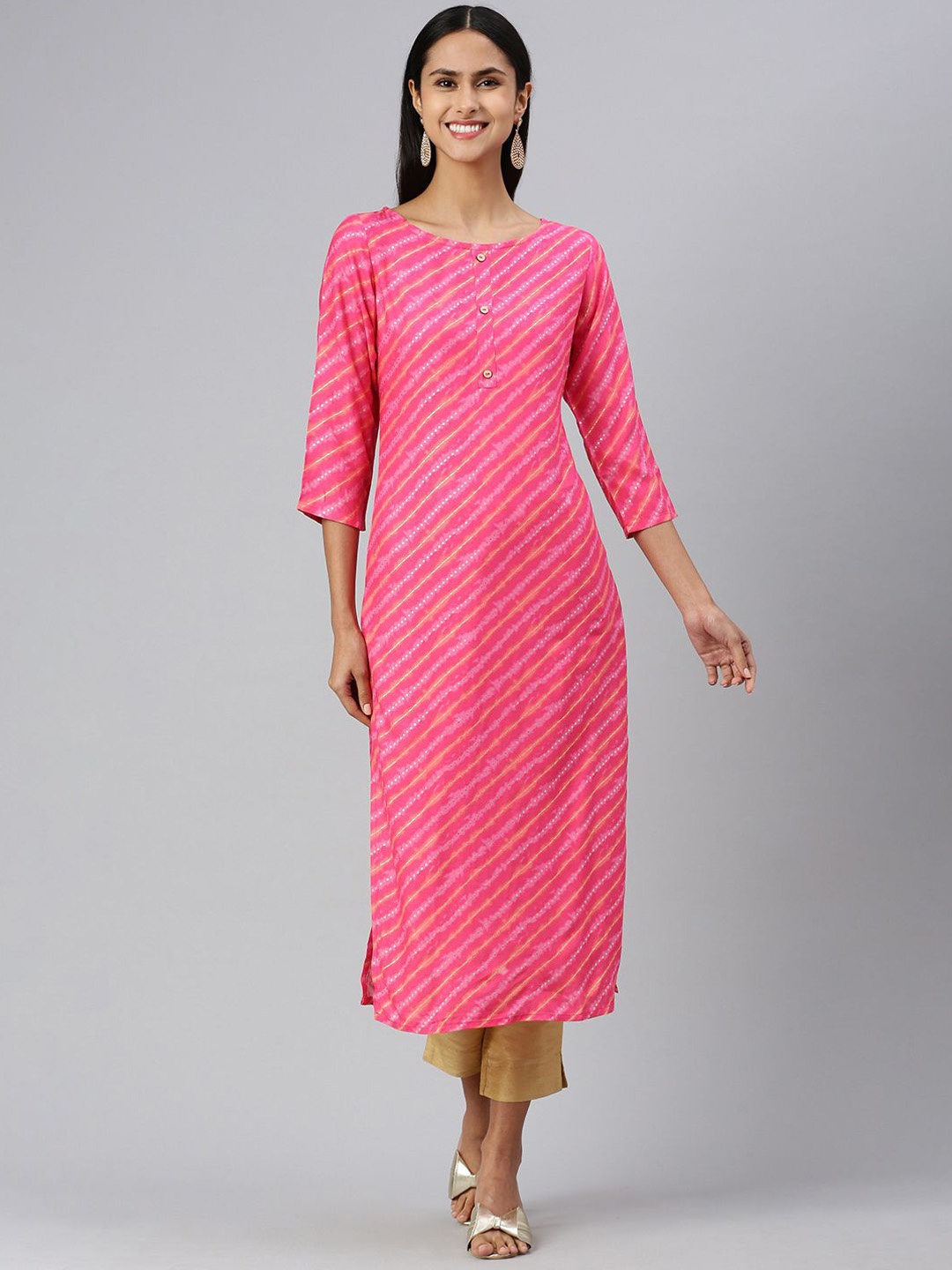 

KALINI Leheriya Printed Round Neck Straight Kurta, Pink