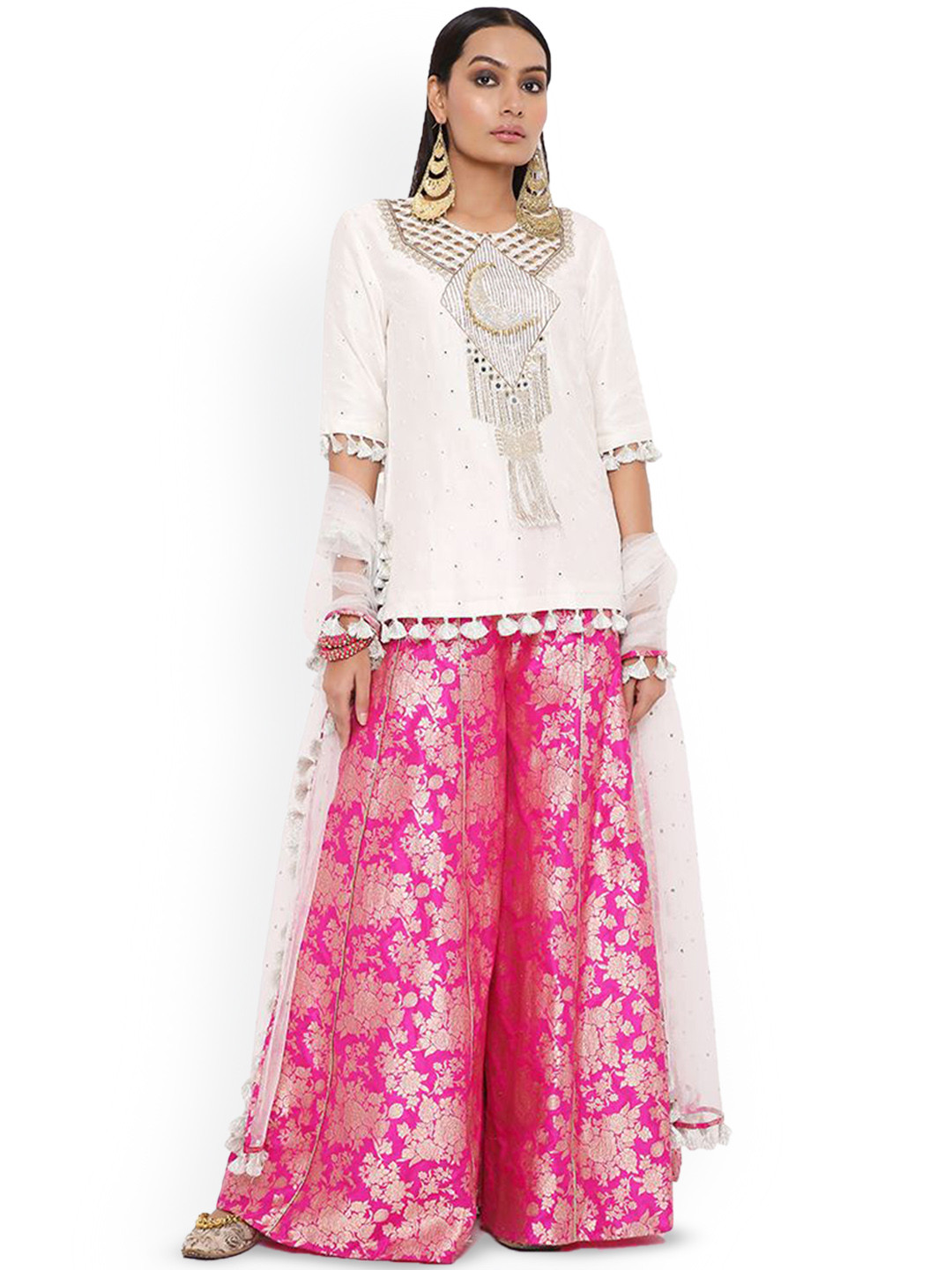 

Payal Singhal Ethnic Motifs Yoke Design Thread Work Kurti with Palazzos & Dupatta, White