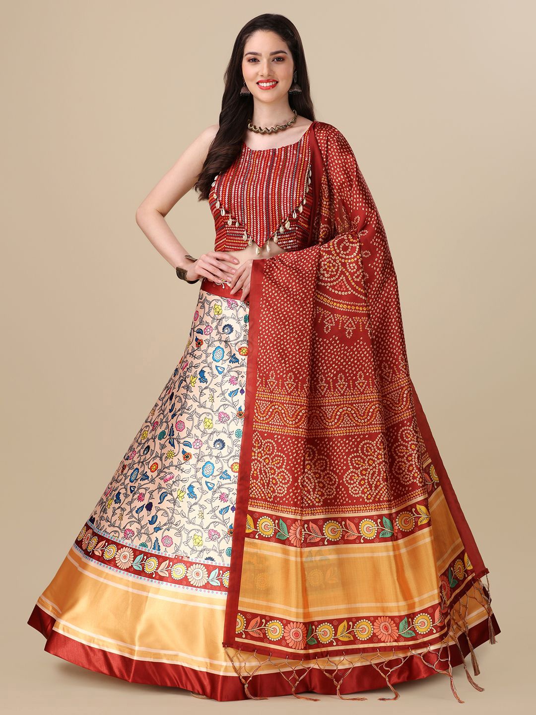 

Kaizen TEXO FAB Printed Semi-Stitched Lehenga & Unstitched Blouse With Dupatta, Maroon