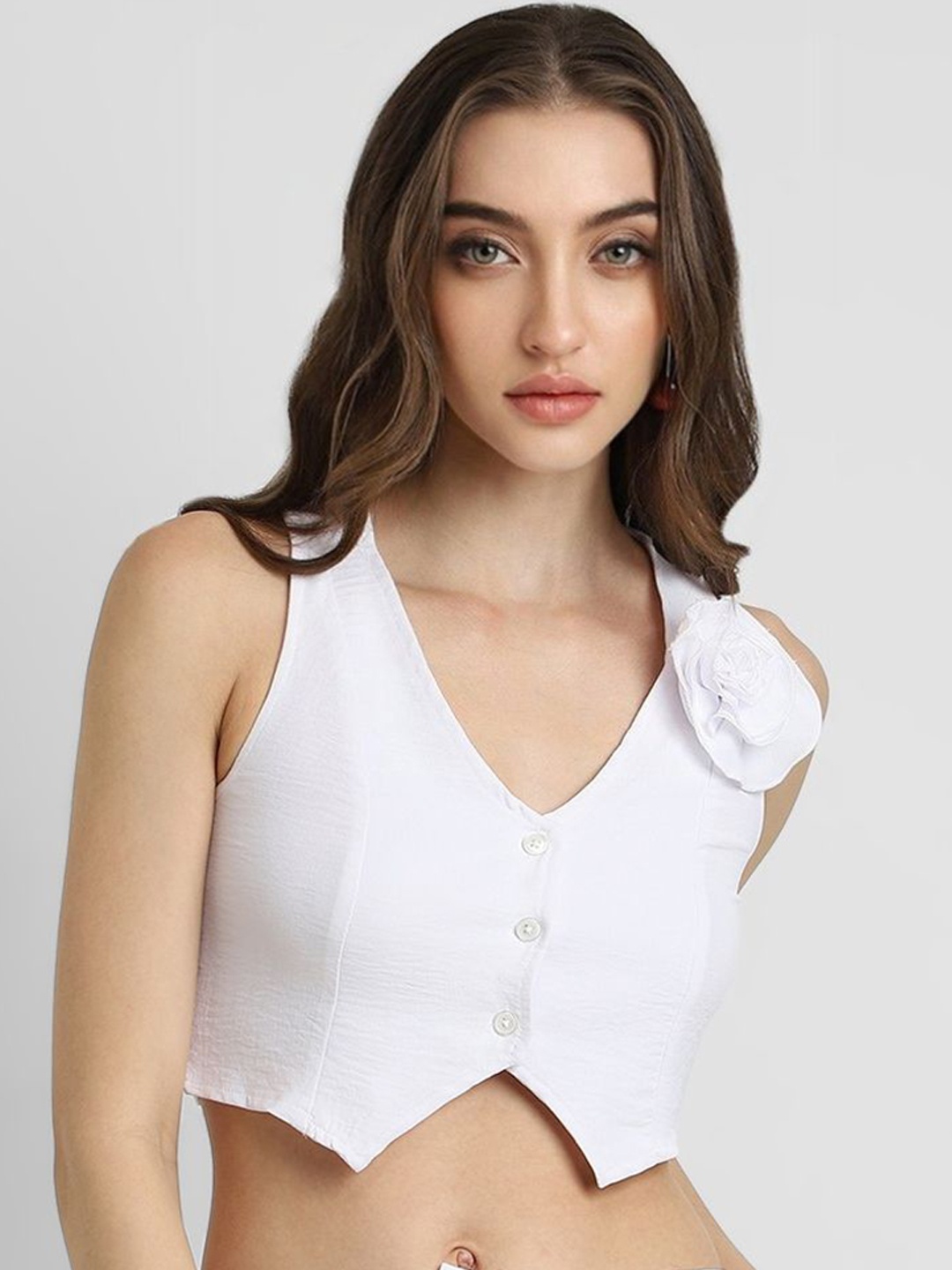 

FOREVER 21 Women Floral Crop Open Front Jacket, White