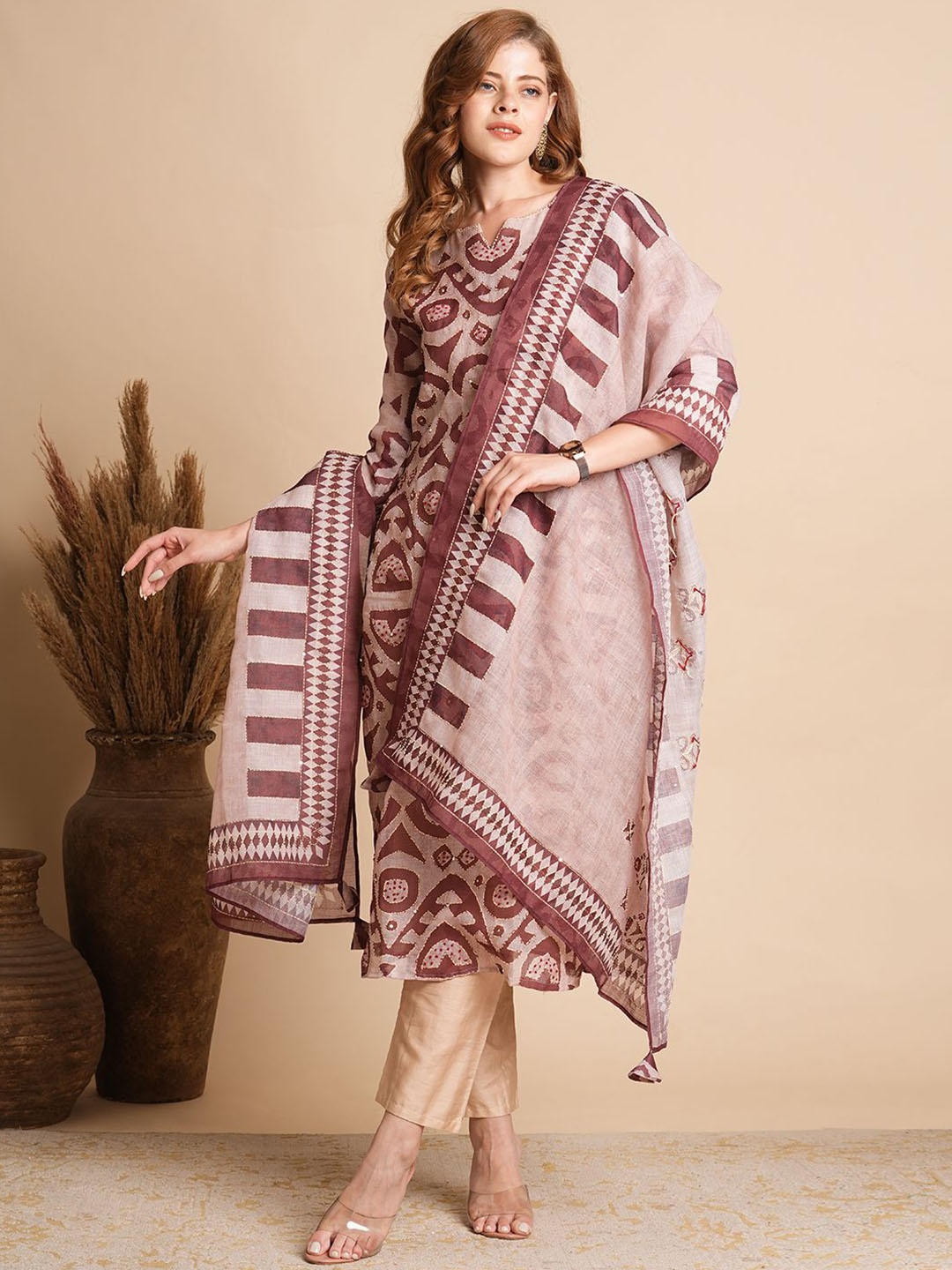 

FASHOR Geometric Printed Kantha Work Straight Kurta With Trousers & Dupatta, Beige