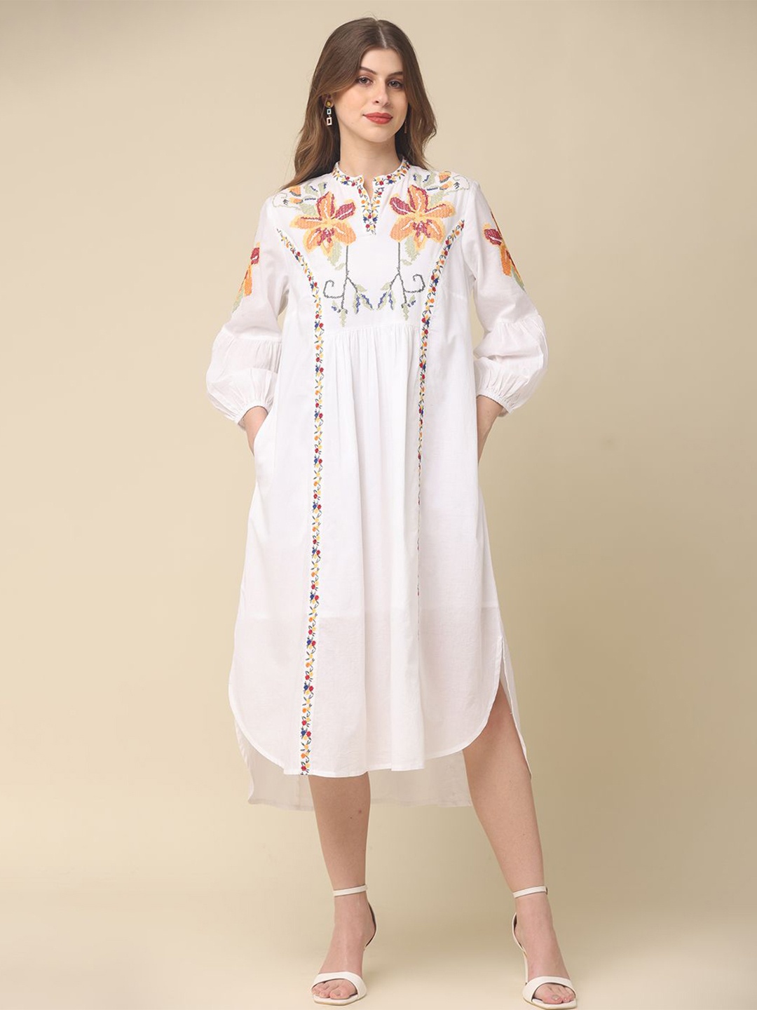 

Zolo Label Floral Embroidered Cotton Empire Midi Dress, White