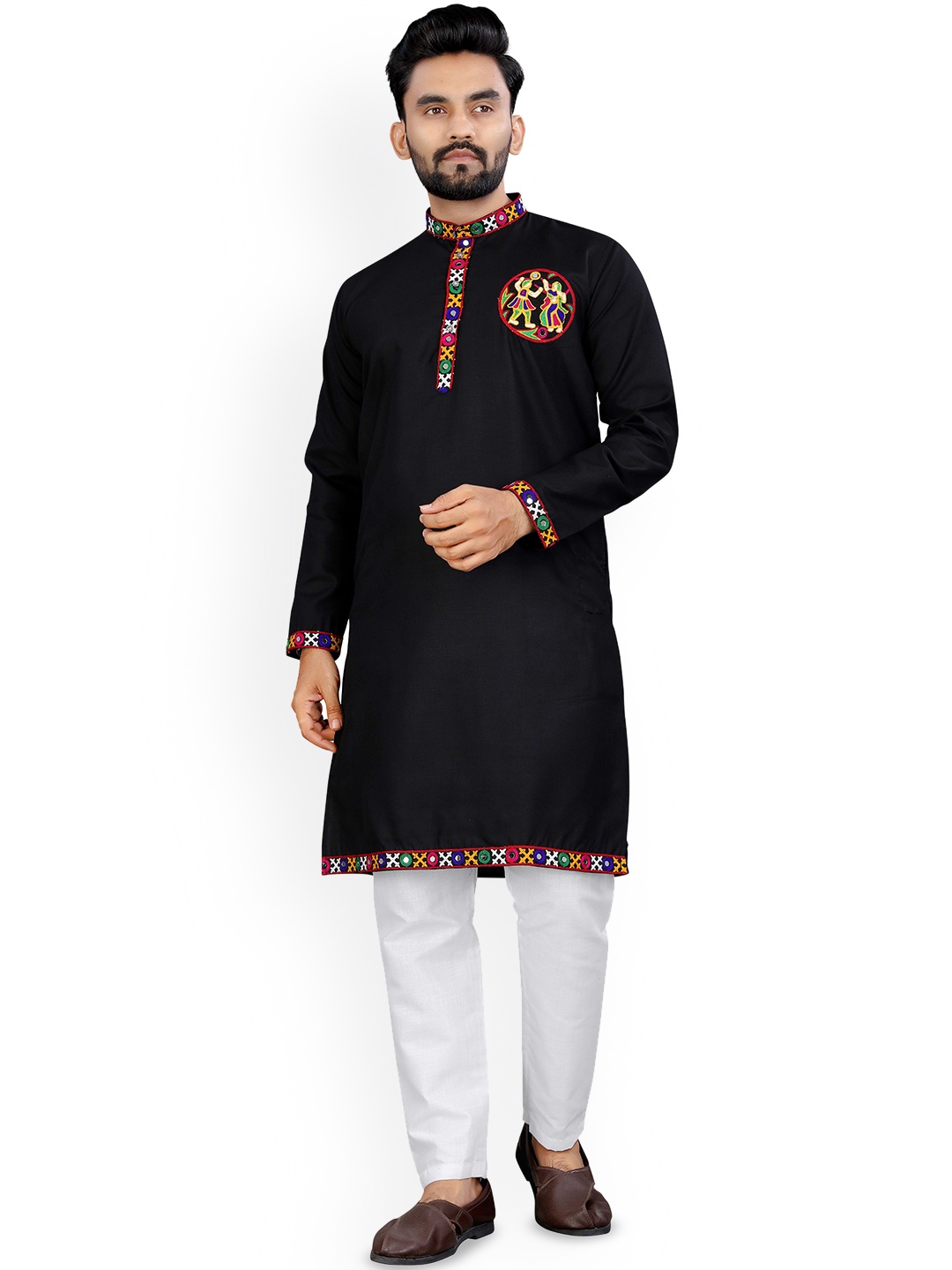 

trustous Embroidered Yoke Design Mirror Work Pure Cotton Straight Kurta With Pyjamas, Black