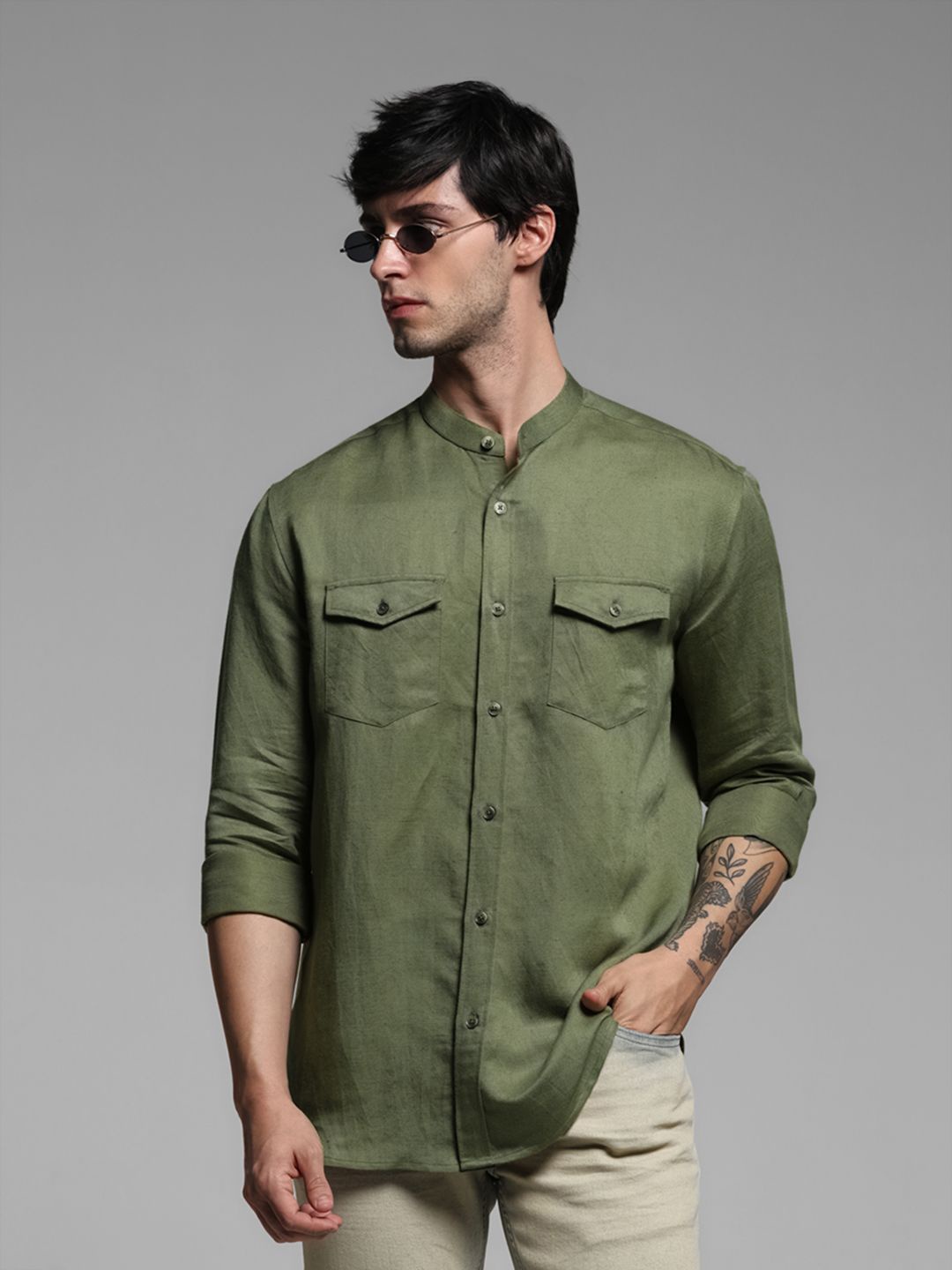 

Jack & Jones Men Band Collar Solid Casual Shirt, Green