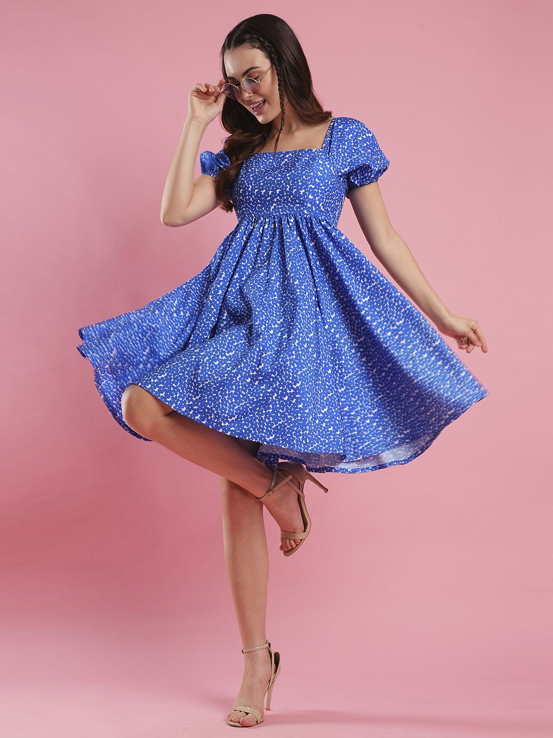 

Globus Floral Printed Puff Sleeve Fit & Flare Dress, Blue