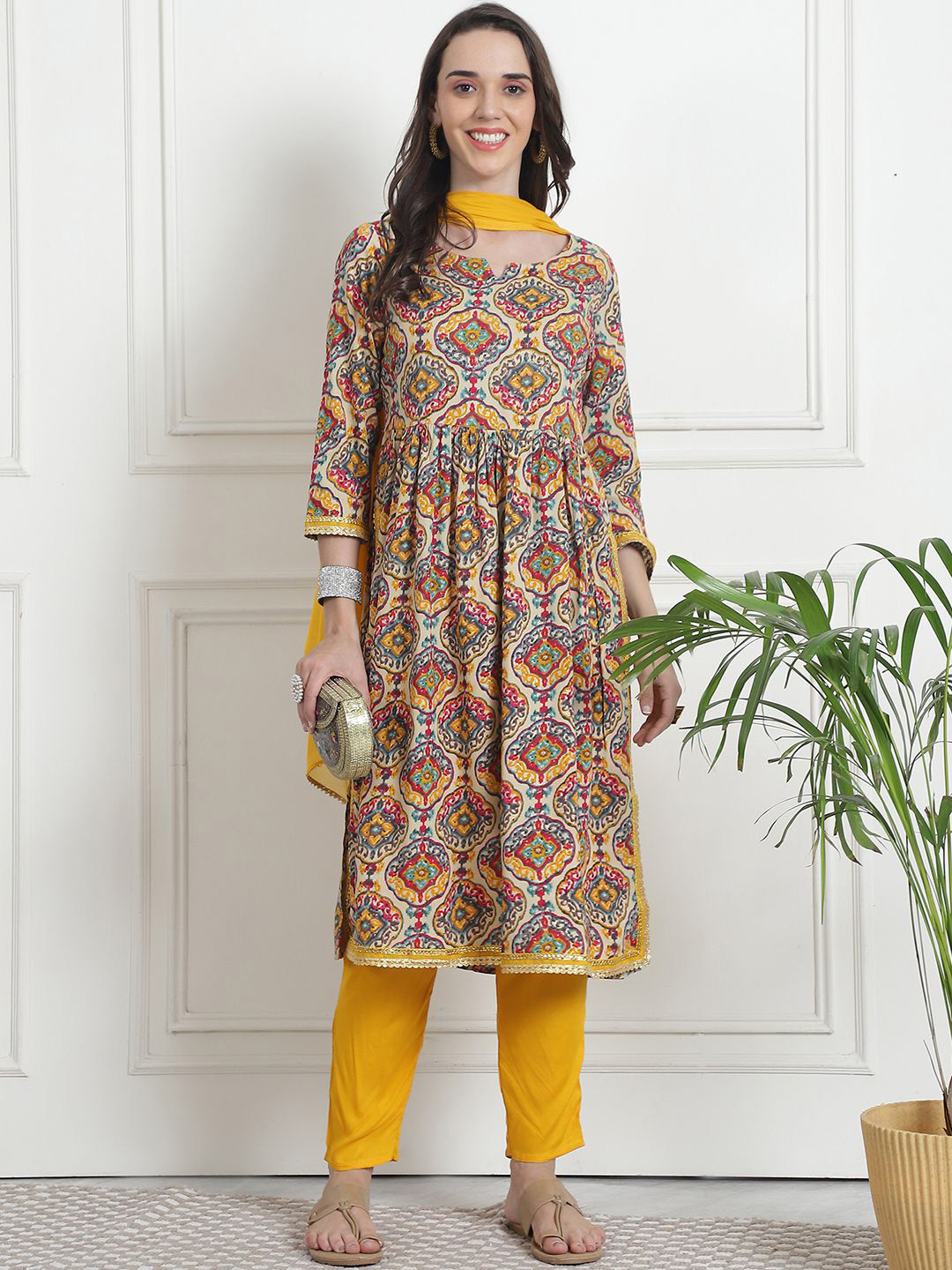 

KALINI Ethnic Motifs Printed Kurta with Trousers & Dupatta, Mustard