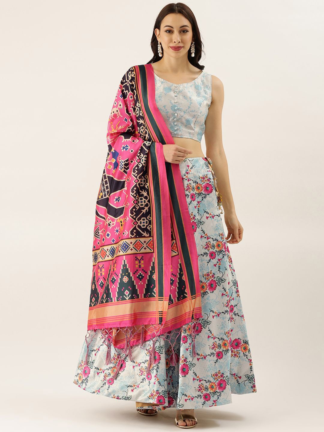 

Kaizen TEXO FAB Satin Printed Semi-Stitched Lehenga & Unstitched Blouse With Dupatta, Sea green