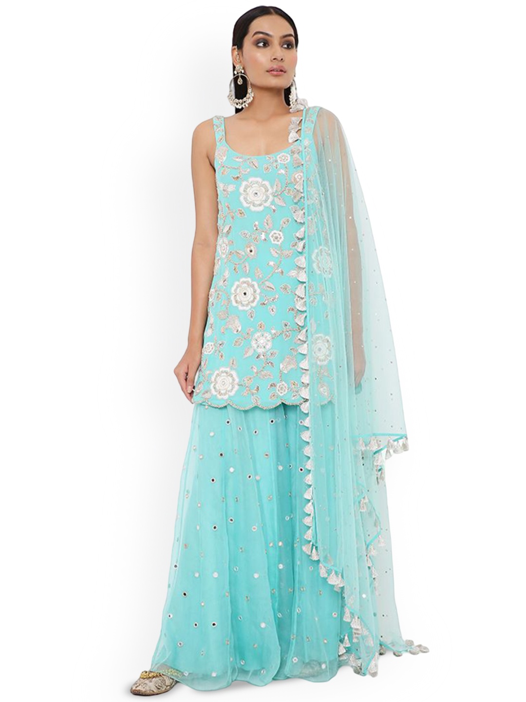 

Payal Singhal Floral Embroidered U-Neck Georgette A-Line Kurti with Sharara & Dupatta, Blue