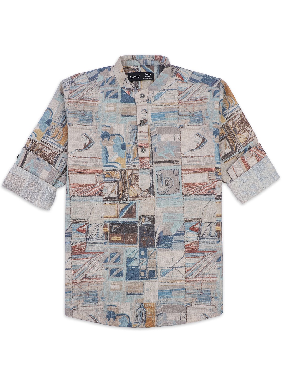 

CAVIO Boys Comfort Band Collar Abstract Printed Cotton Casual Shirt, Grey