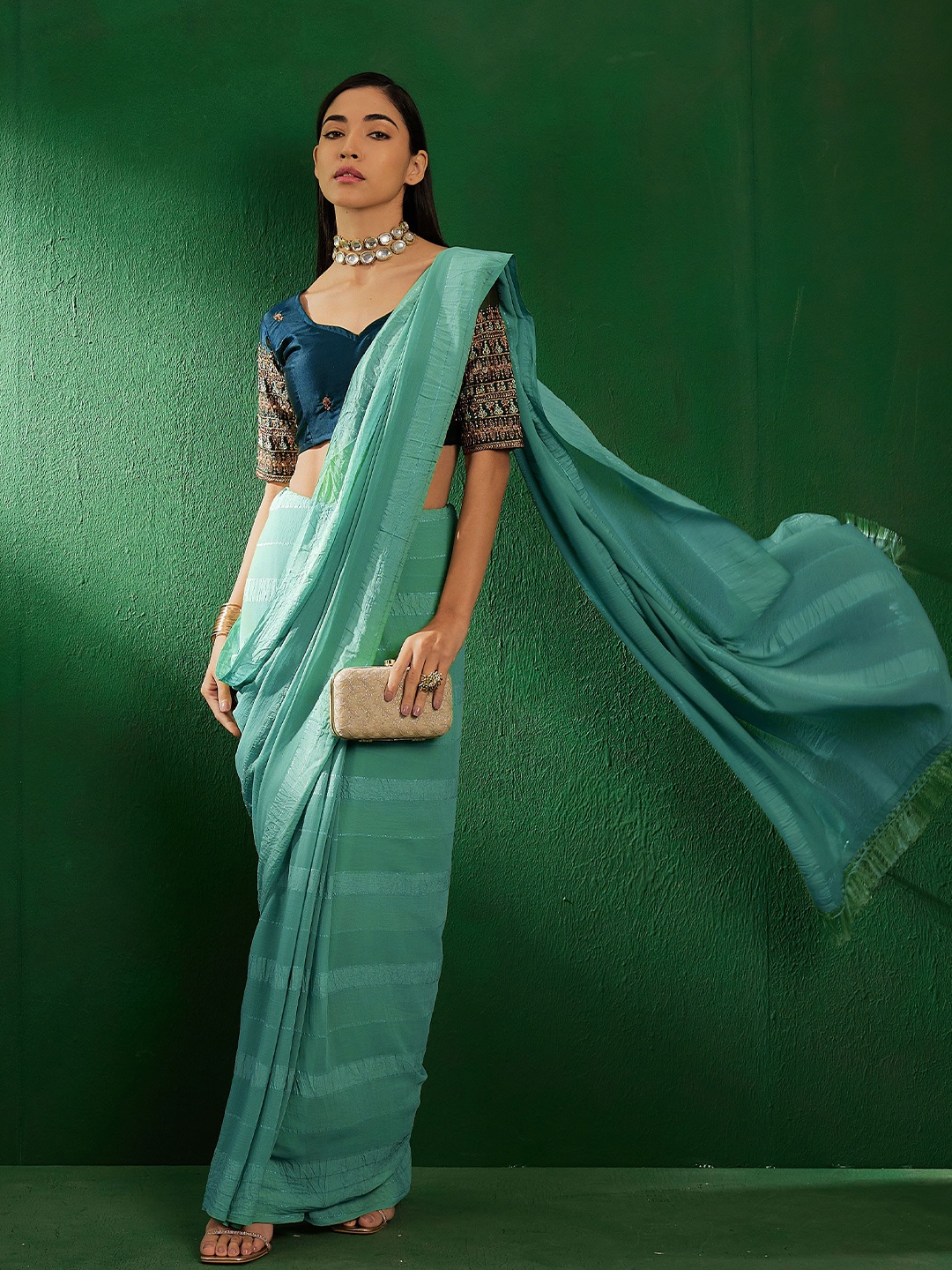 

SHADOW & SAINING Embroidered Floral Beads and Stones Silk Blend Saree, Teal