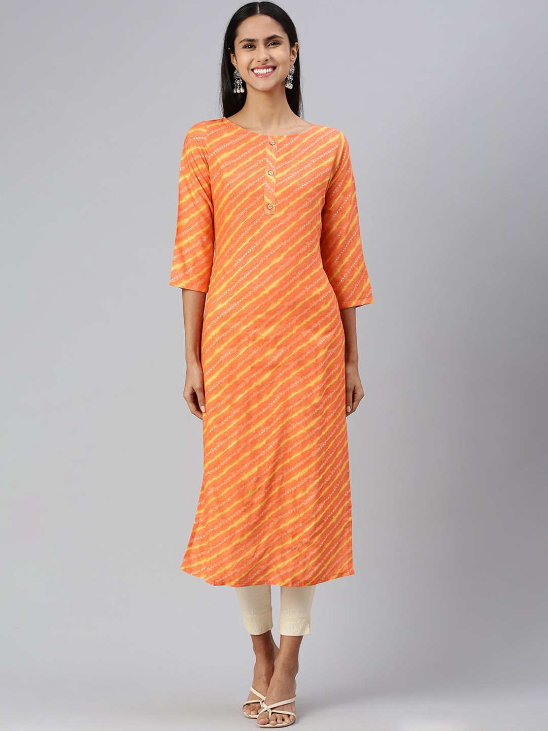 

KALINI Leheriya Printed Round Neck Straight Kurta, Orange