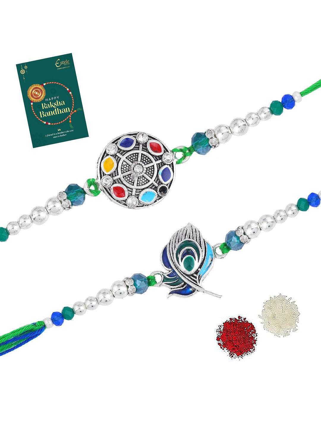 

Estele Set of 2 Stones Studded & Beaded Oxidized Thread Rakhis, Silver