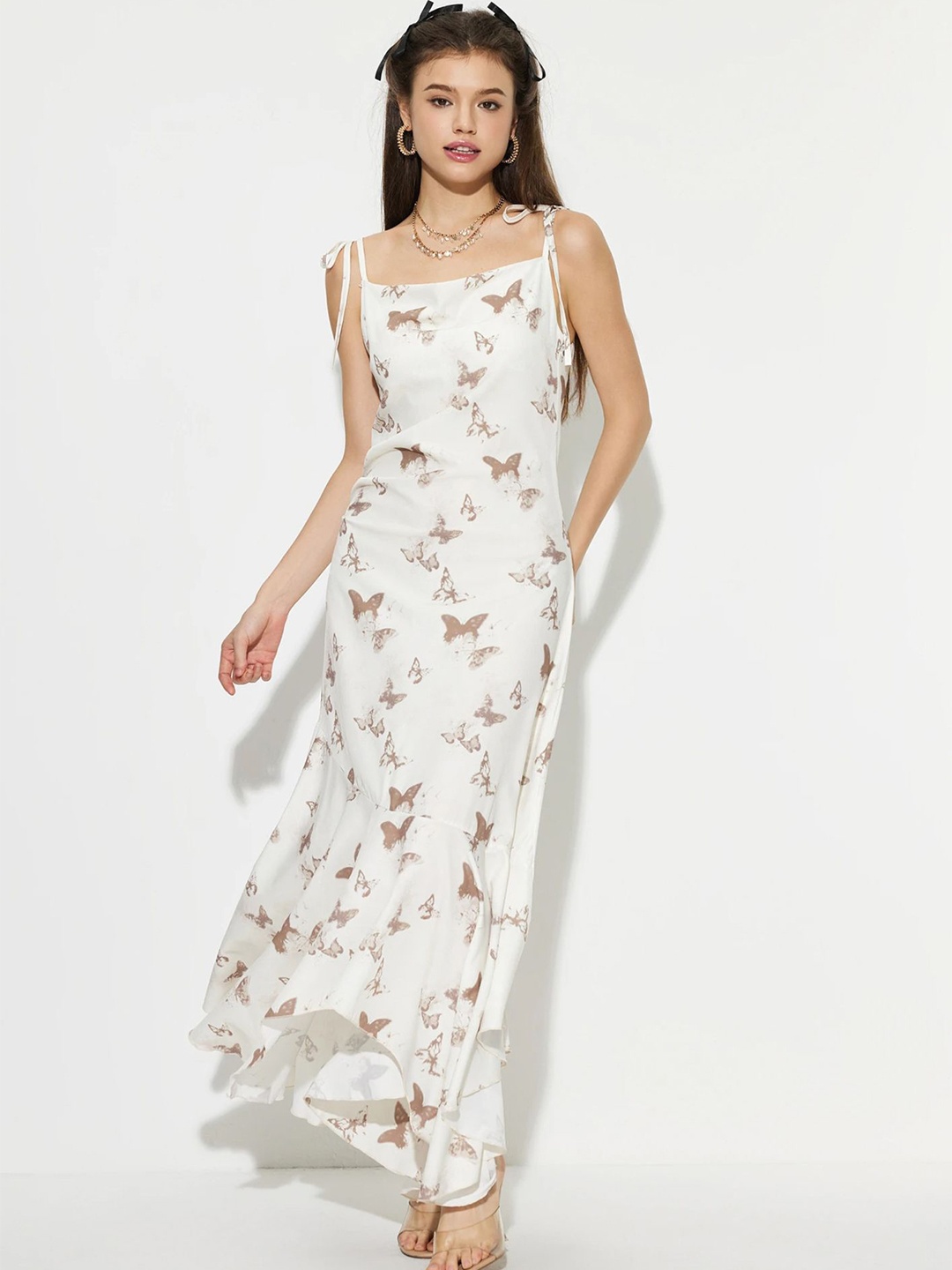 

LULU & SKY Printed Tie-up Shoulder Maxi Dress, Off white