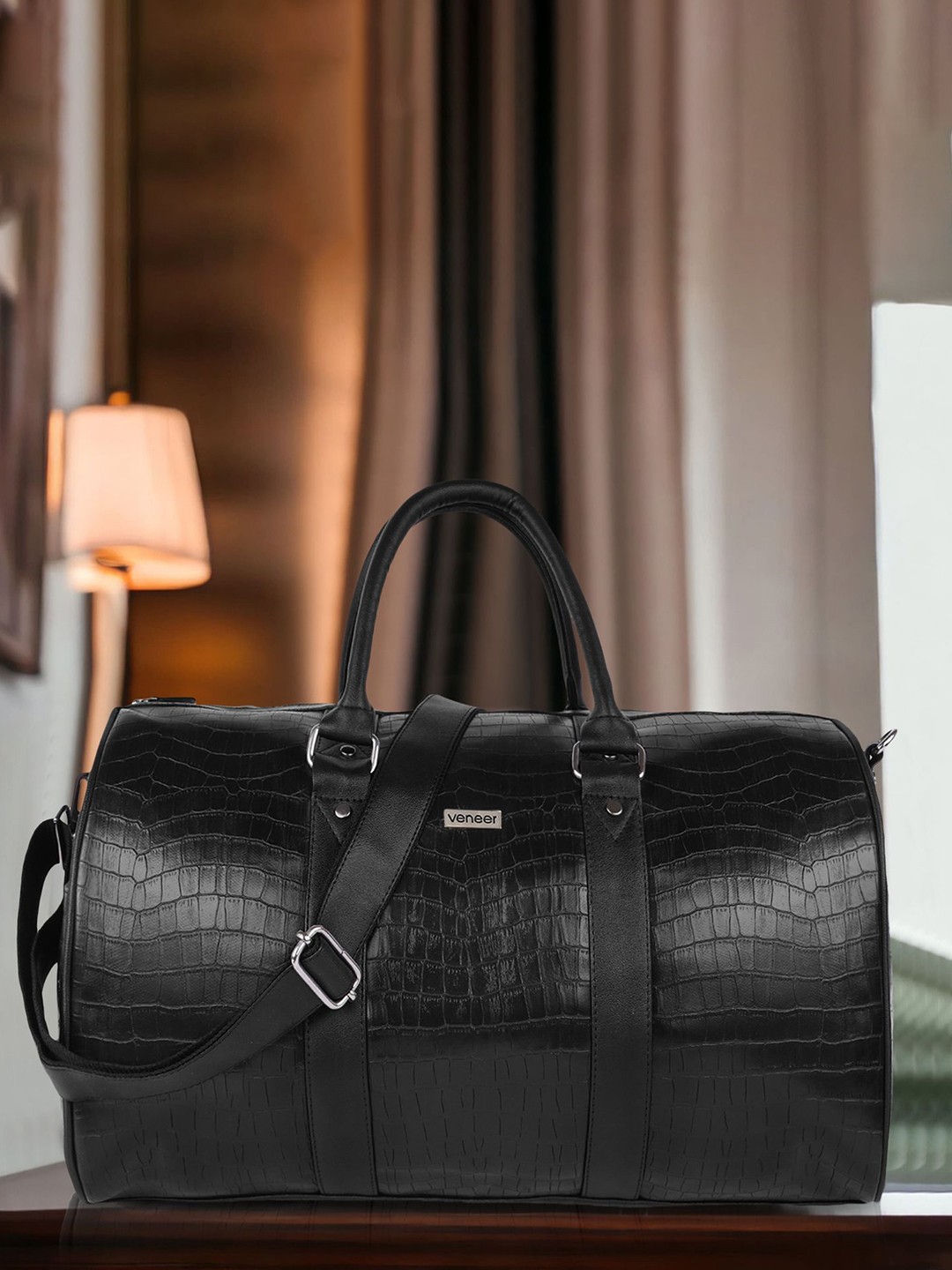 

Veneer Textured Medium Vegan Leather Duffel Bag, Black