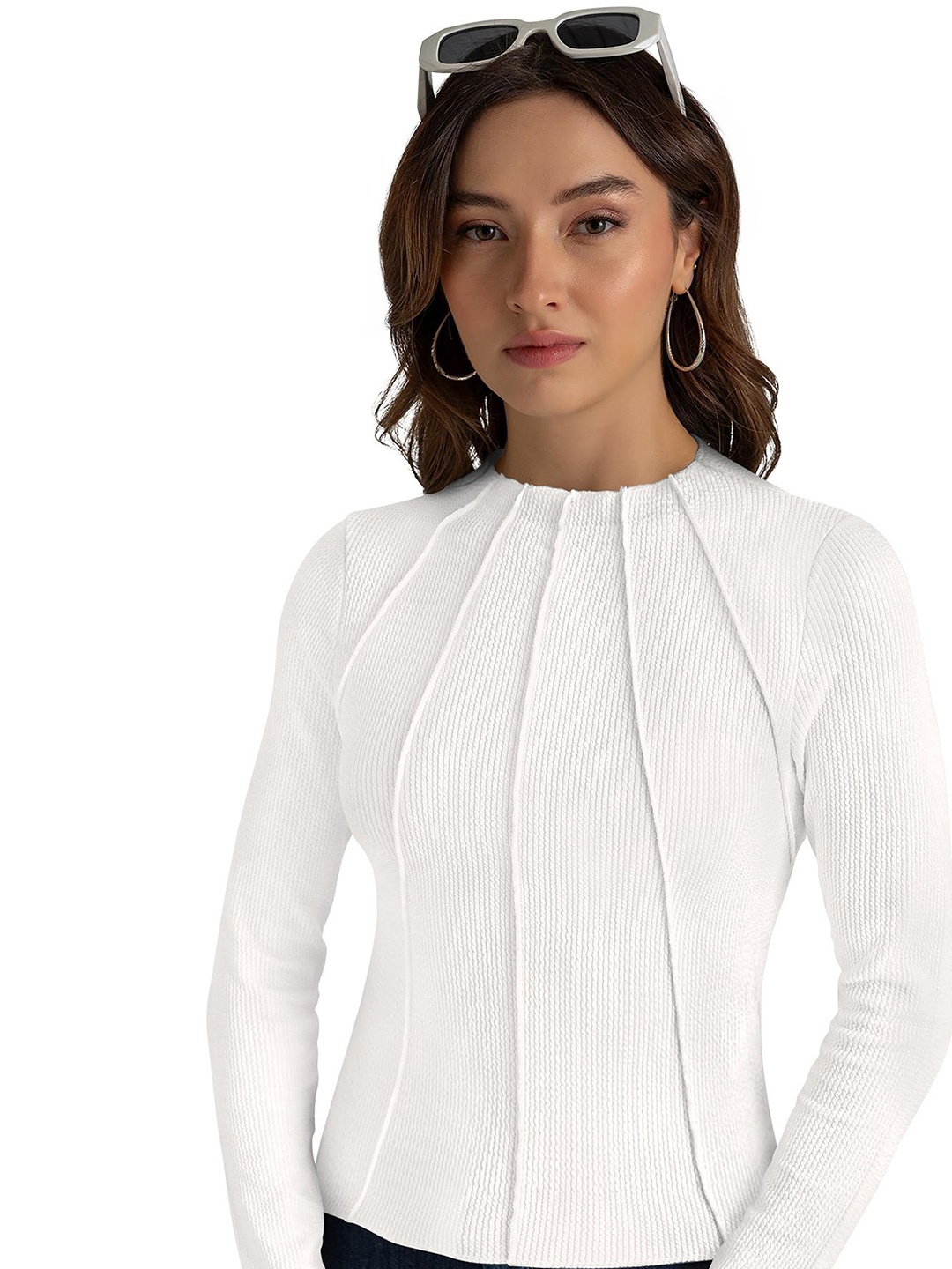 

Sanwariya Silk Women Solid Knits High Neck Cotton Top, White