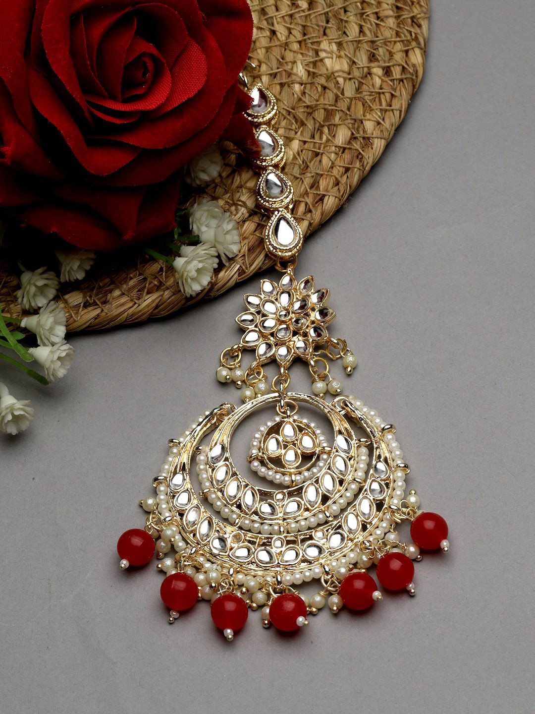 

ZENEME Gold-Plated Stones Studded & Beaded Maang Tikka