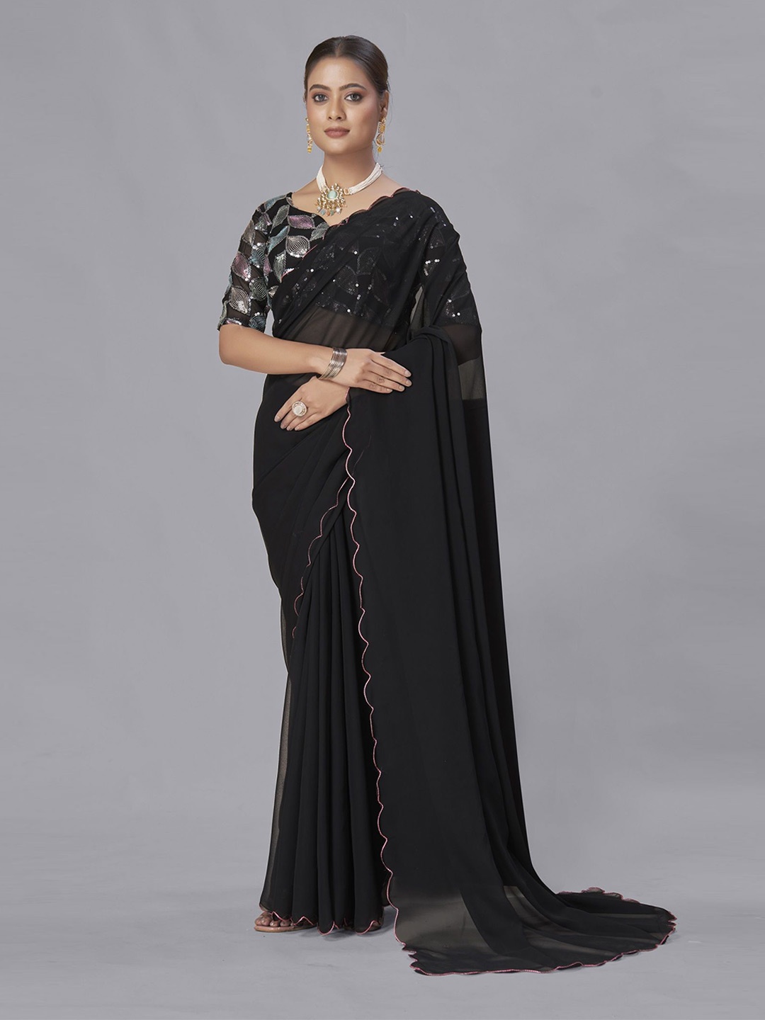 

LADY SHOPI Embroidered Pure Georgette Saree, Black