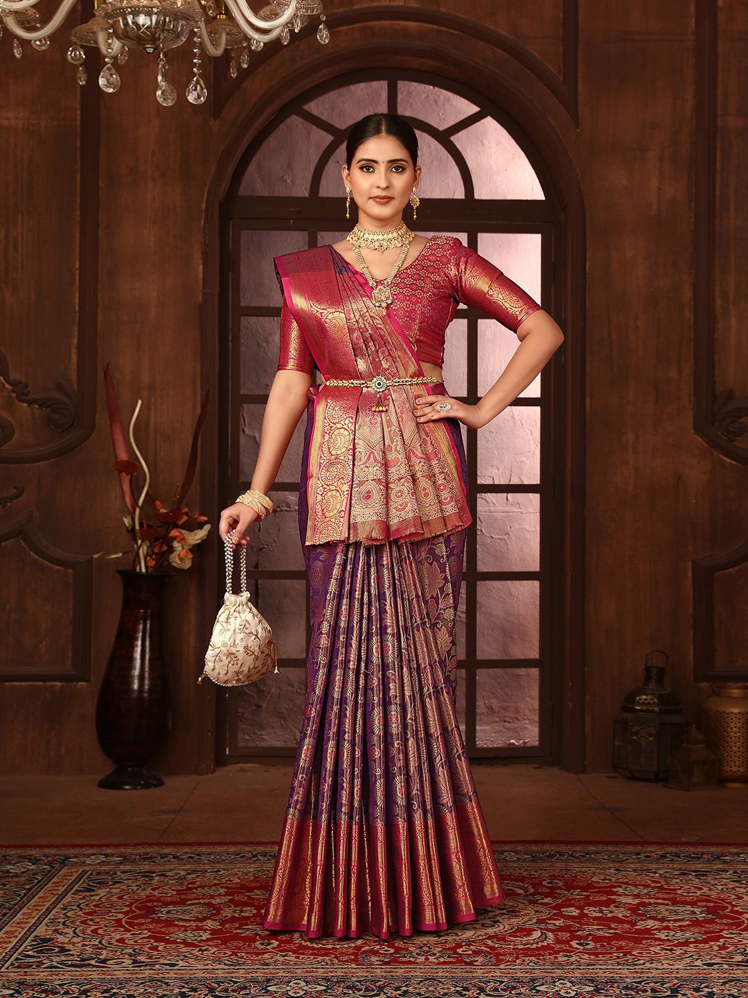 

JUST FASHION Ethnic Motifs Kanjeevaram Zari Saree, Purple