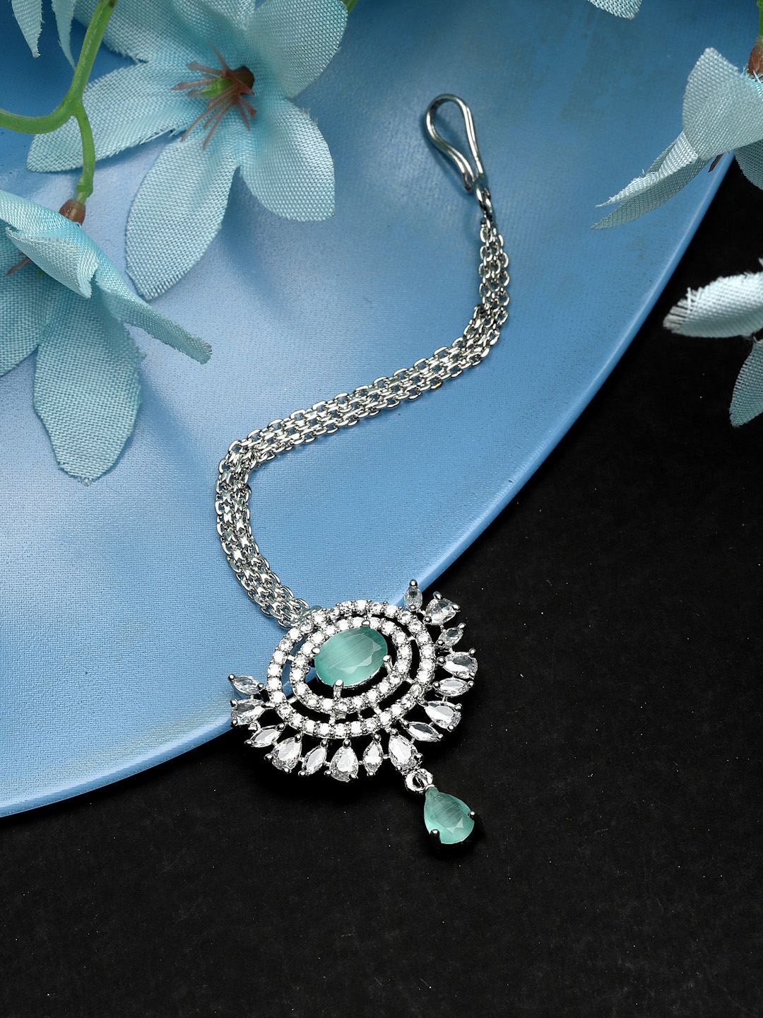 

ZENEME Rhodium Plated American Diamond Studded Maang Tikka, Silver