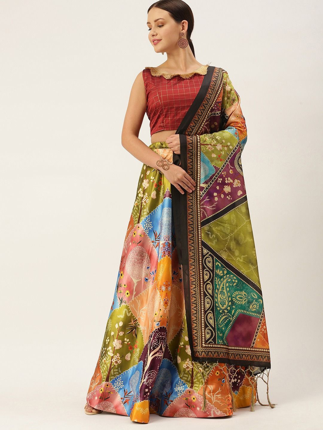 

Kaizen TEXO FAB Printed Semi-Stitched Satin Lehenga & Unstitched Blouse With Dupatta, Brown