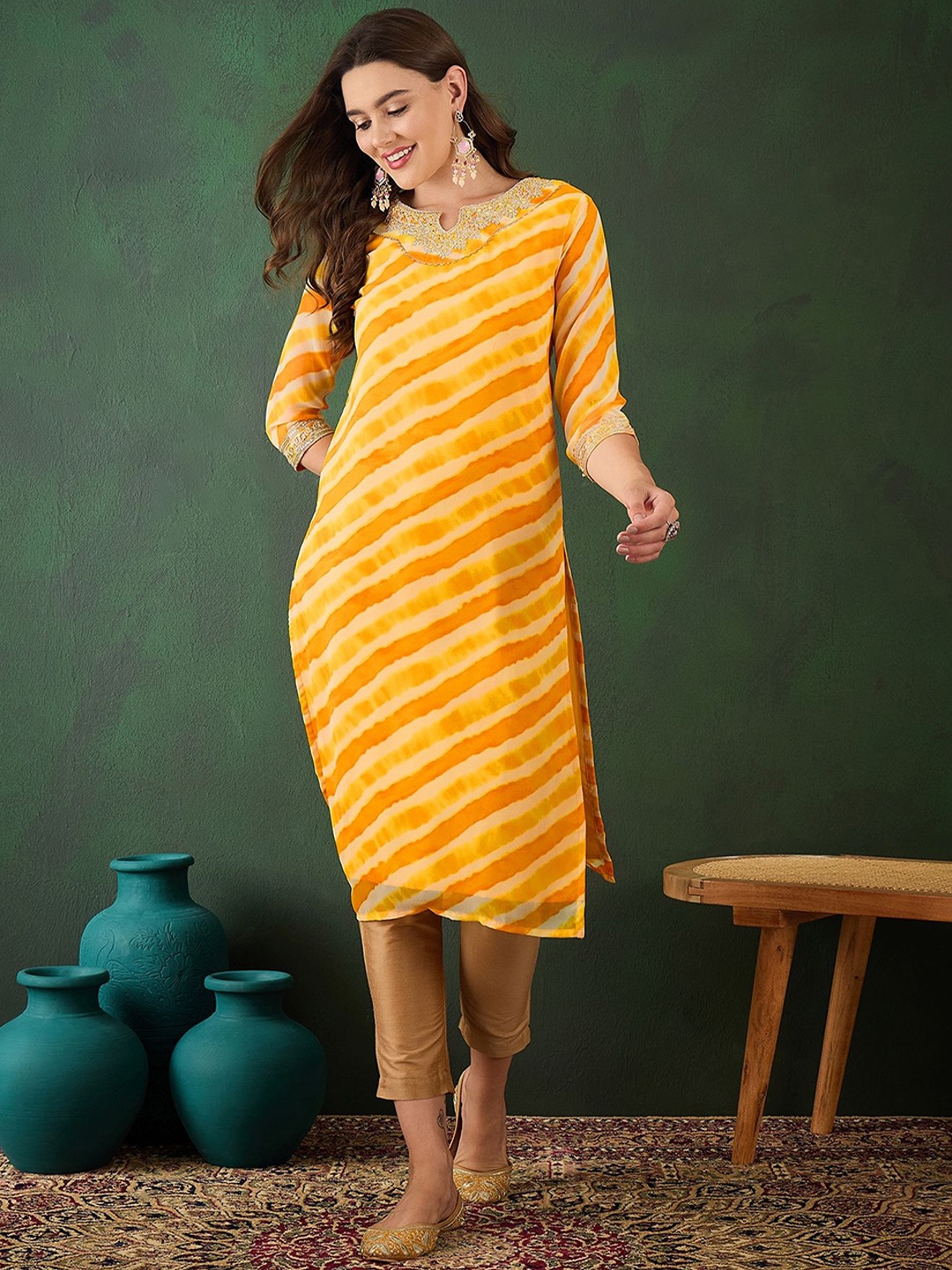 

Sangria Leheriya Printed Mirror Work Georgette Straight Kurta, Yellow