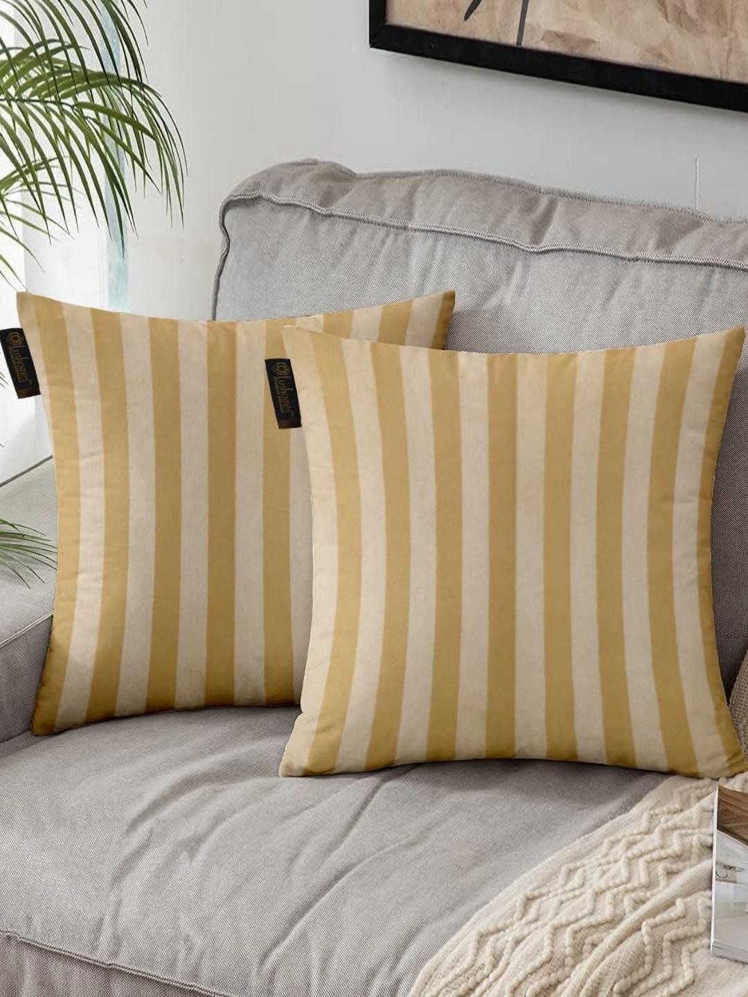 

Lushomes Beige 2 Pieces Striped Square Cushion Covers