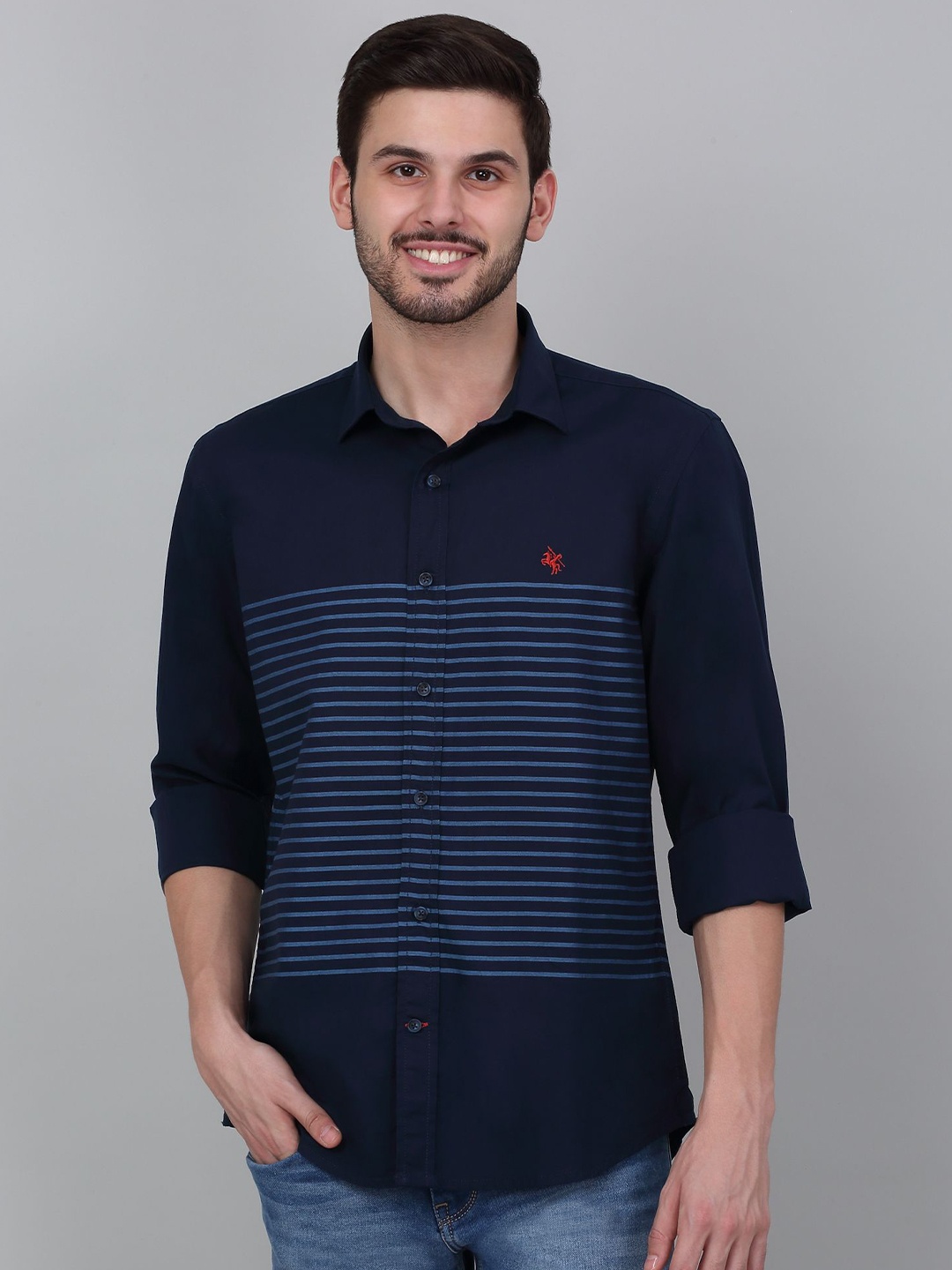 

Cantabil Men Spread Collar Striped Cotton Casual Shirt, Navy blue