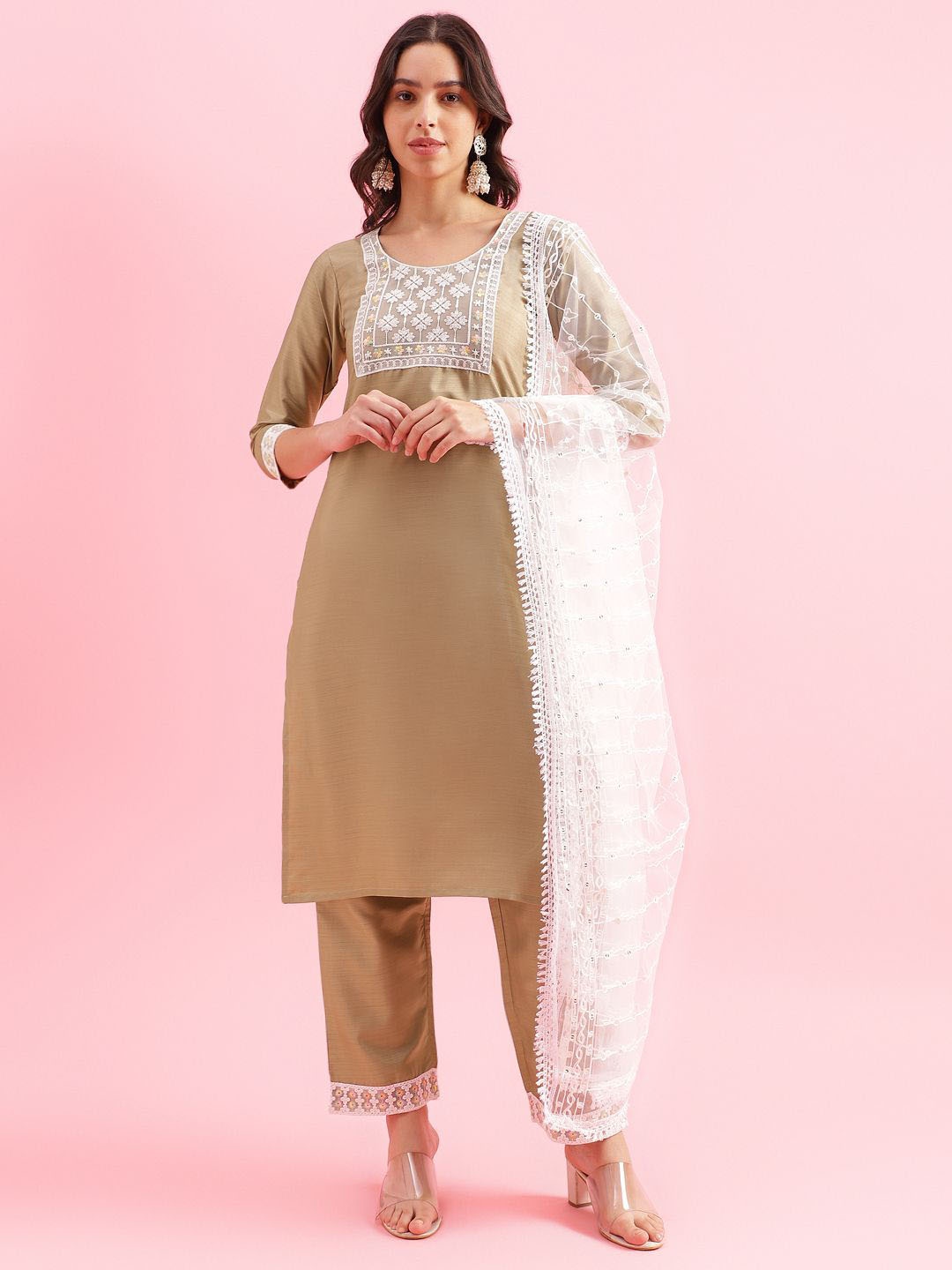 

KALINI Ethnic Motifs Embroidered Thread Work Kurta with Trousers & Dupatta, Gold