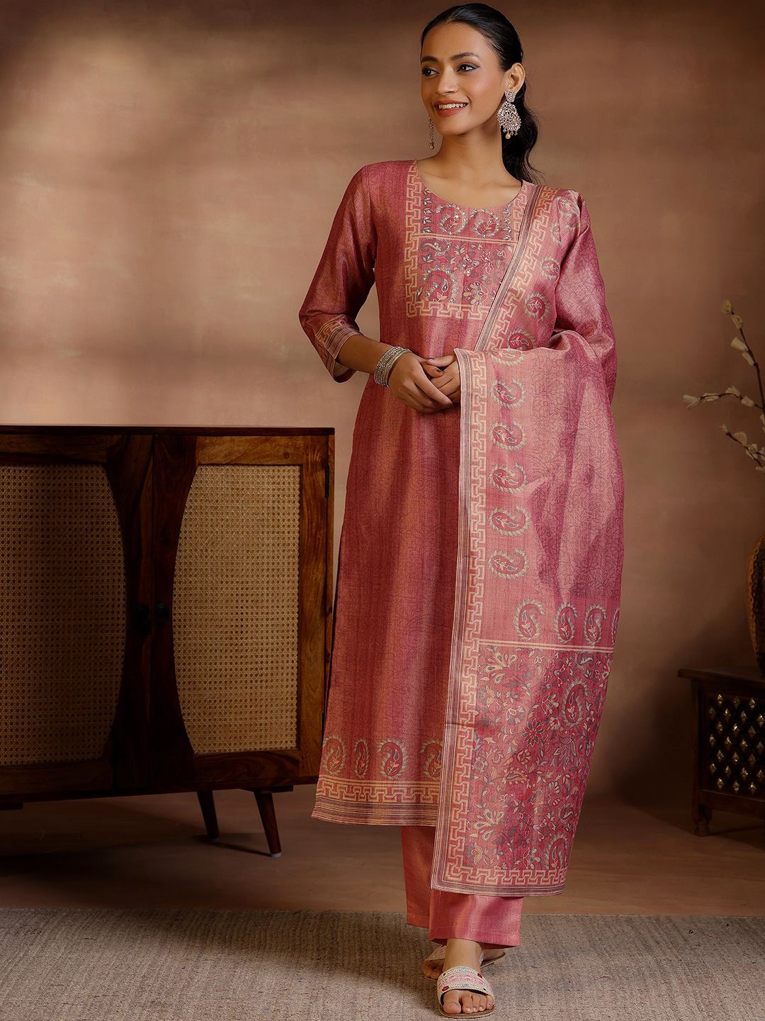 

Libas Paisley Printed Beads and Stones Pure Silk Kurta with Trousers & Dupatta, Pink