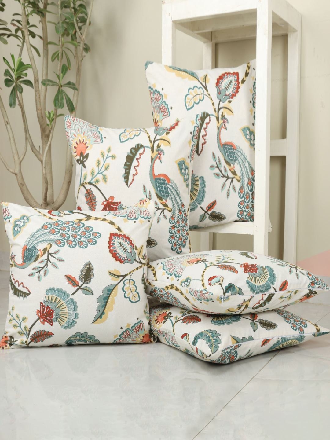 

Clasiko White & Orange Set of 5 Floral Square Cushion Covers