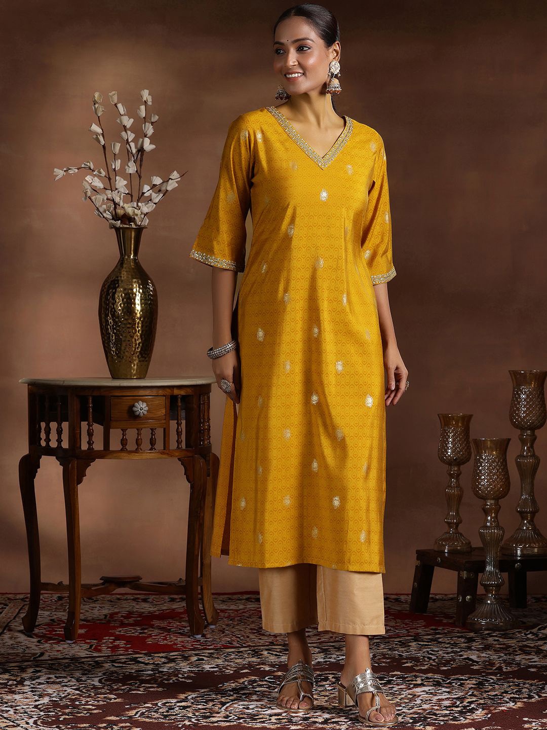 

Libas Ethnic Motifs Printed Zari Silk Straight Kurta, Mustard