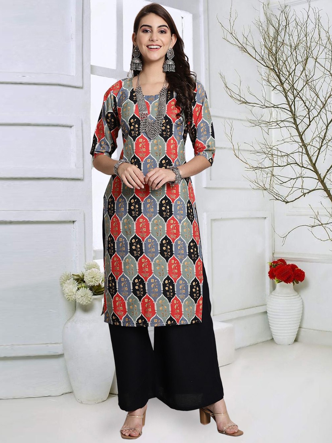 

7Threads Floral Printed Round Neck Straight Kurta, Red