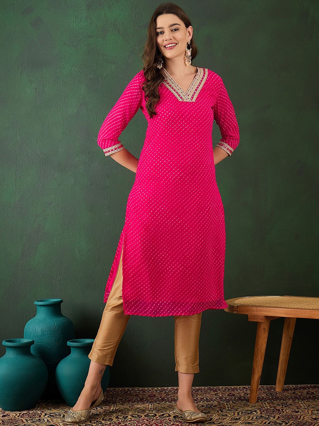 

Sangria Leheriya Printed V-Neck Mirror Work Georgette Straight Kurta, Pink
