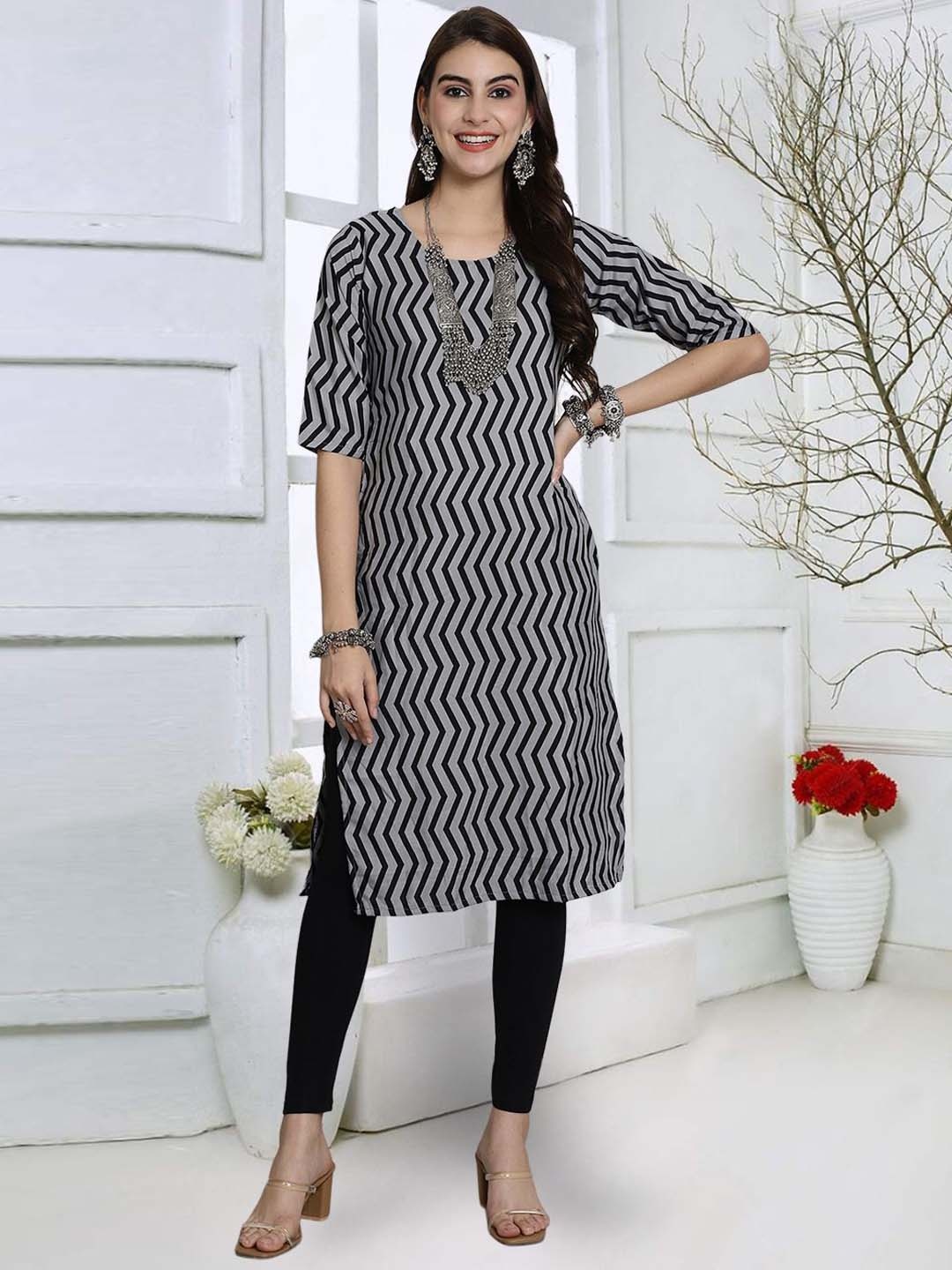 

7Threads Geometric Printed Round Neck Straight Kurta, Grey