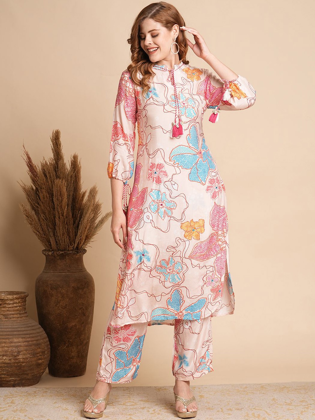 

FASHOR Floral Printed Mandarin Collar Tunic & Palazzos, Cream