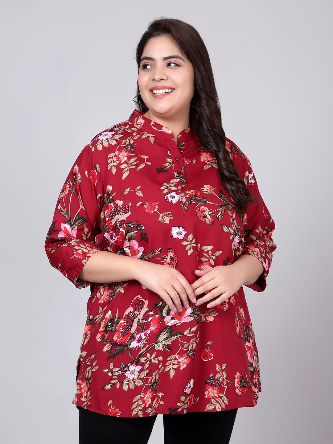 

Indietoga Women Plus Size Floral Printed Mandarin Collar Top, Maroon