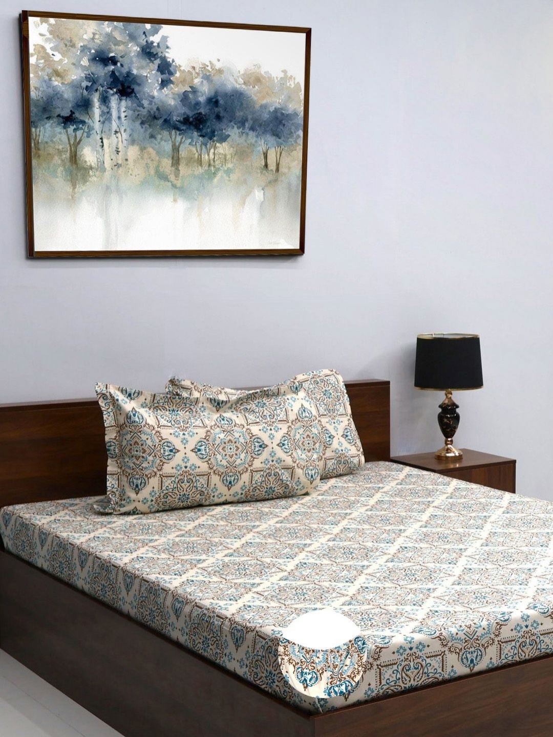 

BOMBAY DYEING Allure Beige & Blue Printed 144 TC Pure Cotton Fitted King Bedsheet Set