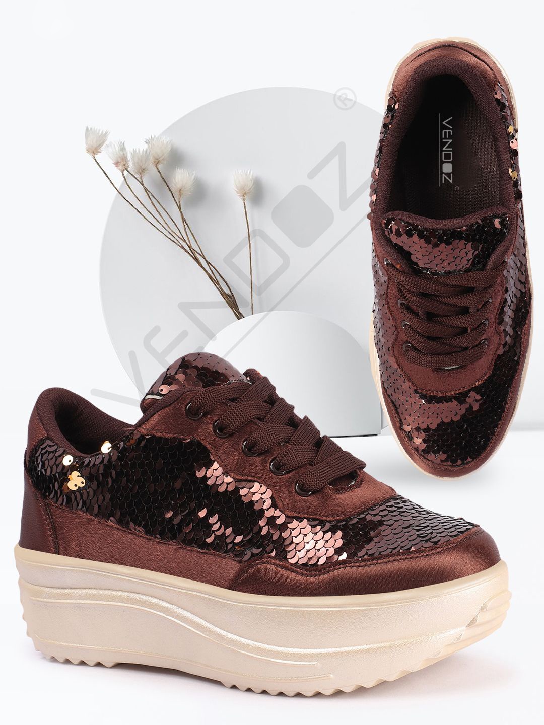 

VENDOZ Women Lace-Ups Embellished Sneakers, Brown
