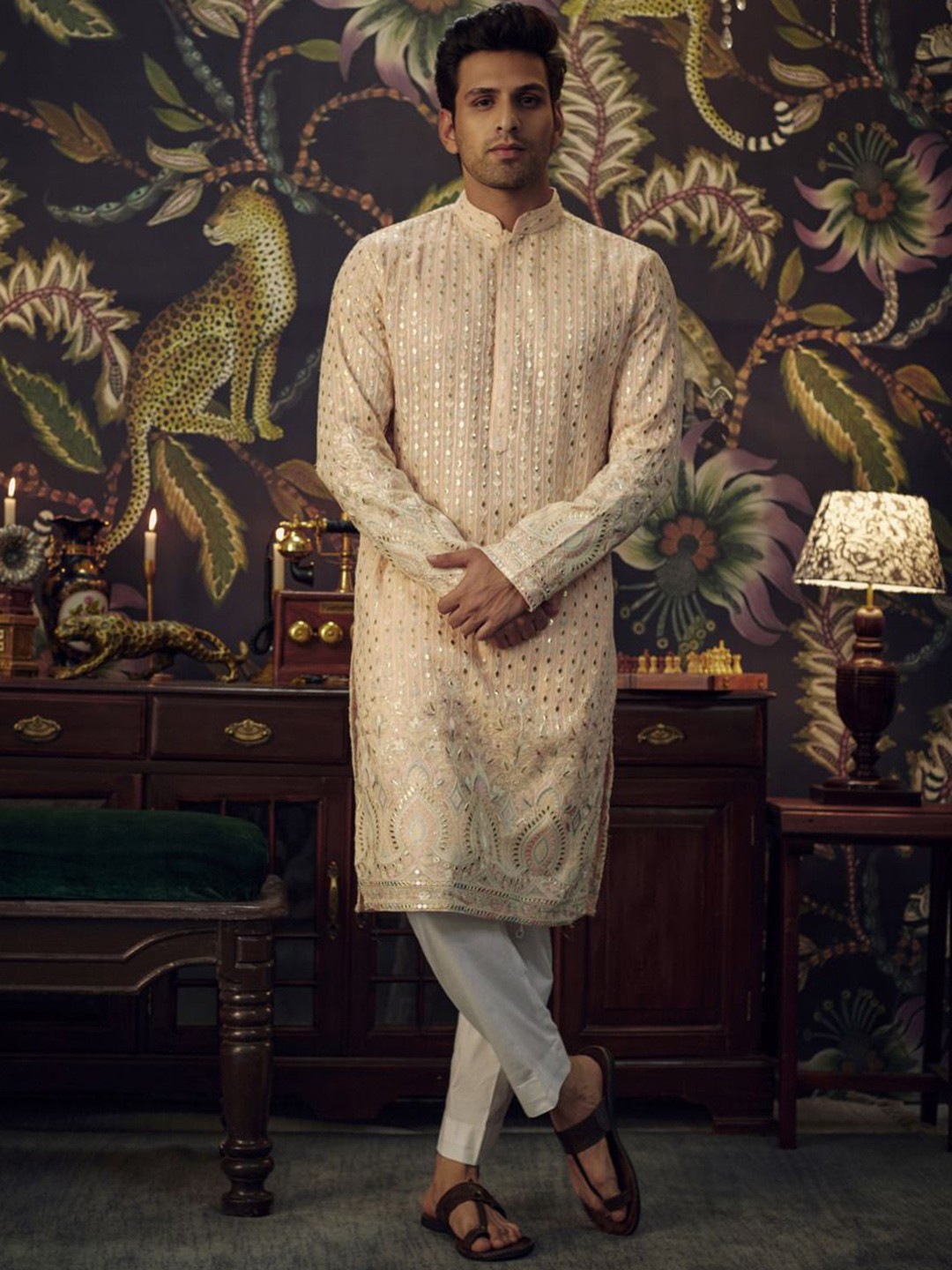

KASBAH CLOTHING NISHCHAIY SAJDEH Floral Embroidered Mirror Work Georgette Straight Kurta, Cream
