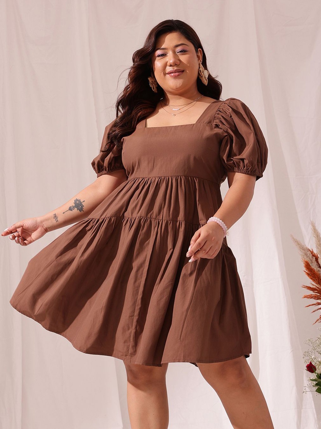 

CURVY STREET Plus Size Puff Sleeve Cotton Fit & Flare Dress, Brown