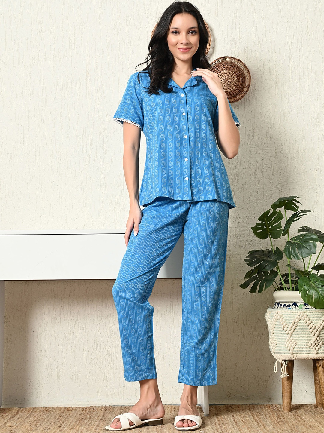

aaivan Printed Shirt With Trousers, Blue